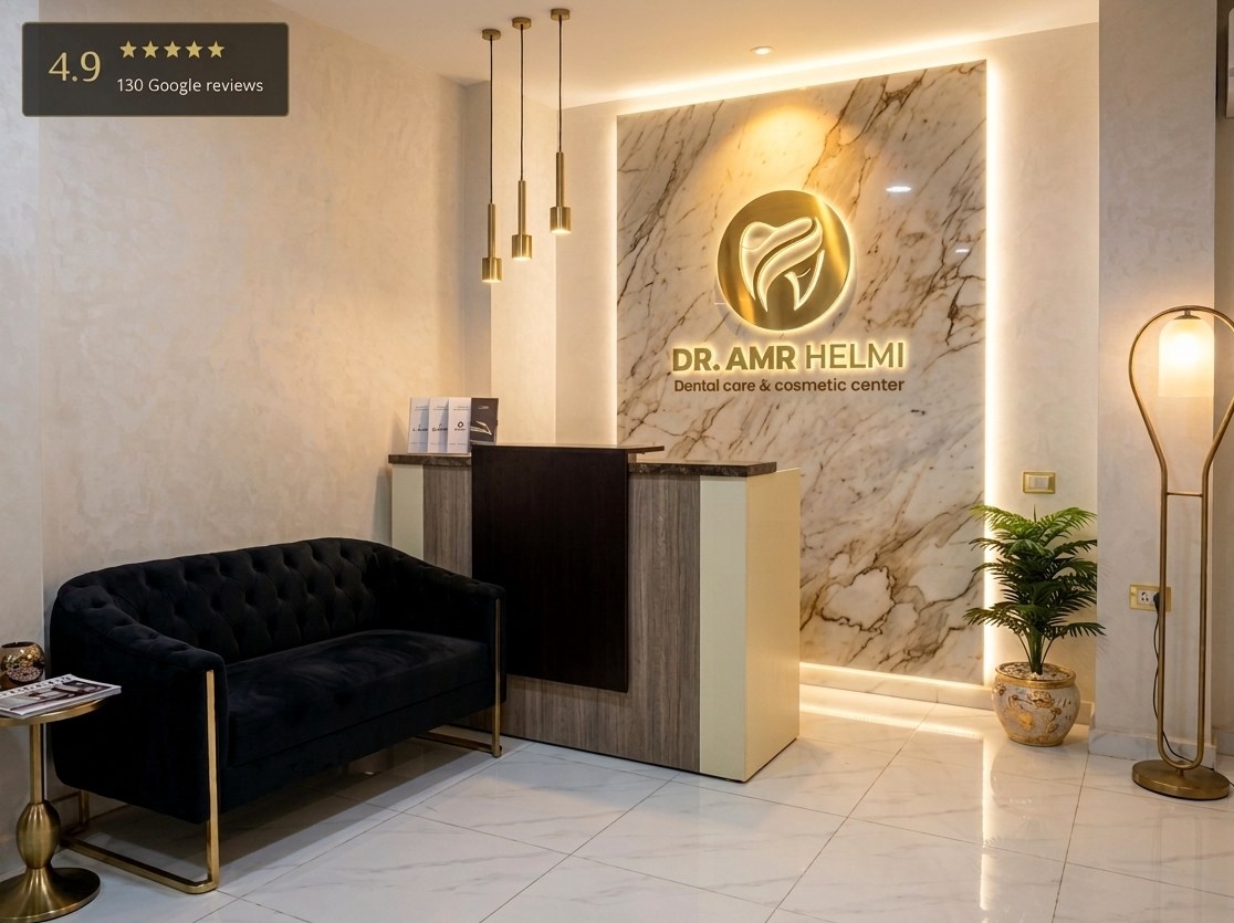 Reception area with the Dr Amr Helmi Dental Centre logo backlit on a marble wall